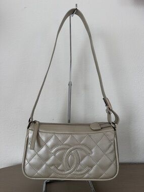 CHANEL Quilted Shoulder Bag in Metallic Taupe